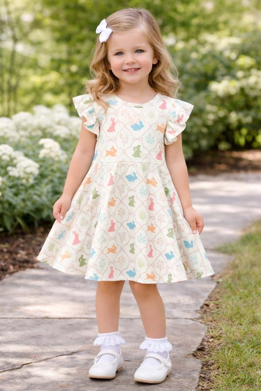 Girls Easter Bunny Floral Flutter Sleeve Twirl Dress
